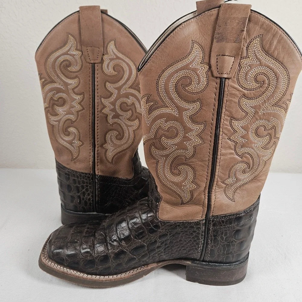 Old West BSY1832 Youth Cowboy Boots Brown Caiman Print Leather Square Toe SZ 4D